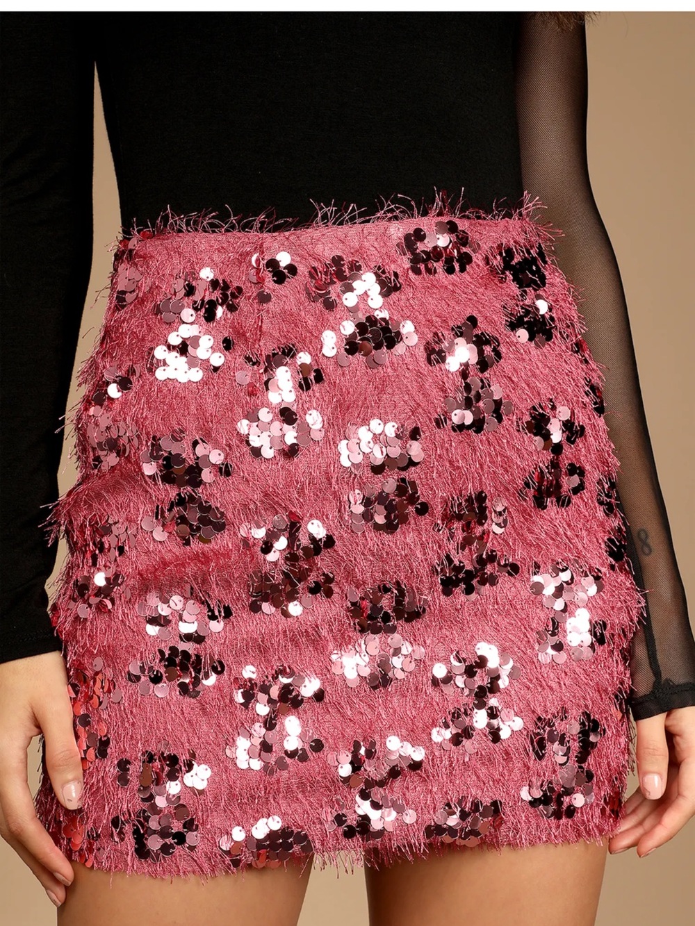 Lulu’s Pink Sequin Fringe Mini Skirt
